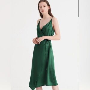 NWT Lilysilk v- neck tie wrap sleeveless silk midi dress green size XS